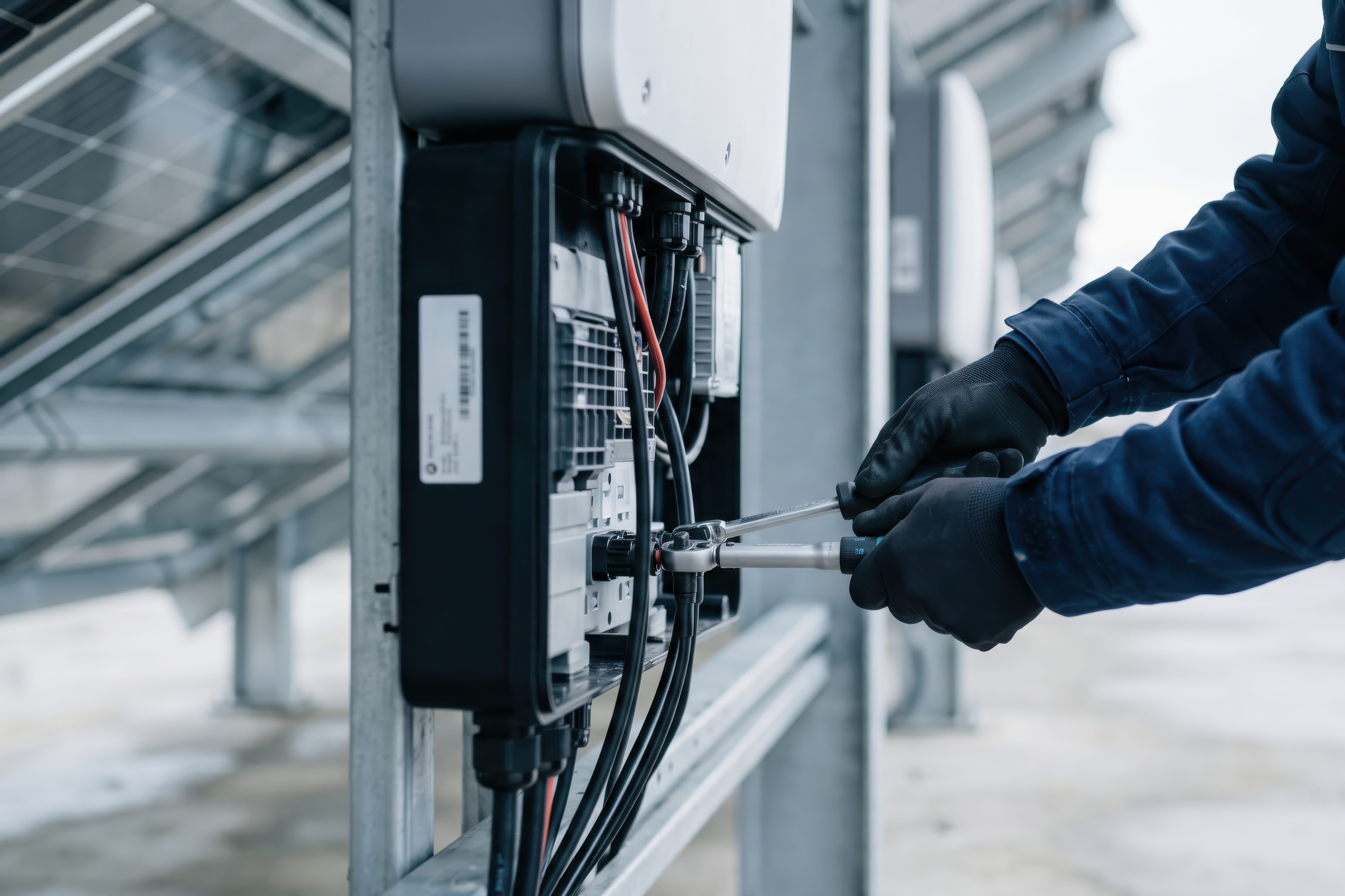 Technician installing or repairing solar panel inverter equipment, connecting cables for renewable energy system maintenance on a rooftop structure.